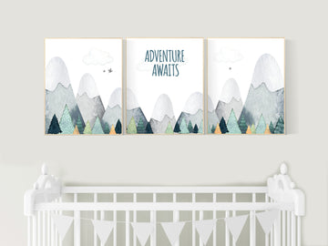 Nursery decor boy mountain, adventure nursery, adventure theme nursery, woodland, gender neutral, adventure awaits, mountains nursery forest