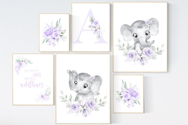 Nursery wall art purple, lavender nursery, floral nursery, elephant nursery print, nurser decor girl, lilac, girl nursery wall decor, name