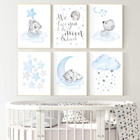 Nursery wall art bear, boys nursery prints. nursery decor boy ideas, nursery art ideas, baby blue, grey, nursery wall art, sky, moon, stars