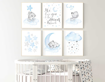 Nursery wall art bear, boys nursery prints. nursery decor boy ideas, nursery art ideas, baby blue, grey, nursery wall art, sky, moon, stars