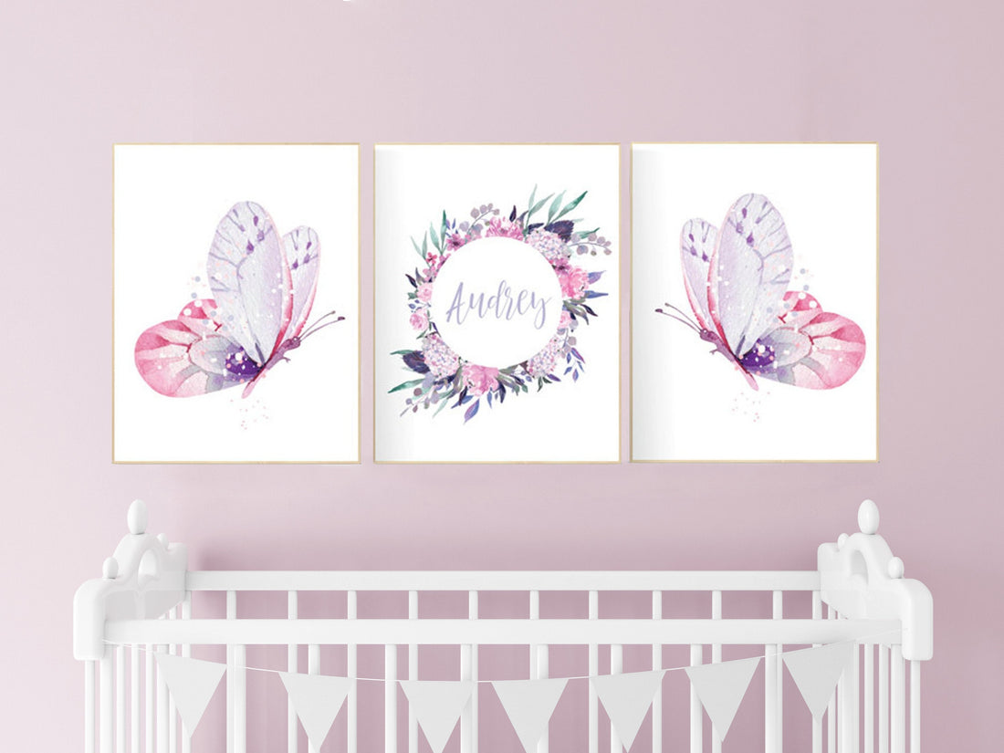 Purple pink nursery, nursery decor girl name, butterfly nursery wall art, Nursery decor girl purple and pink, lavender, lilac, girl nursery