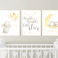 Gender neutral nursery wall art, yellow gray, yellow grey, elephant nursery, bunny nursery, stars and moon, baby room wall decor, twinkle