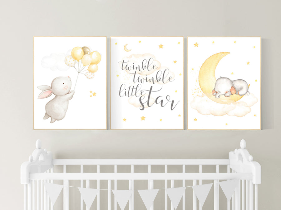 Gender neutral nursery wall art, yellow gray, yellow grey, elephant nursery, bunny nursery, stars and moon, baby room wall decor, twinkle