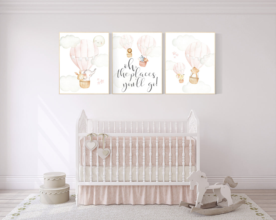 Nursery decor girl blush pink, nursery wall art hot air balloon, animal prints, nursery wall decor woodland animals, girl nursery ideas
