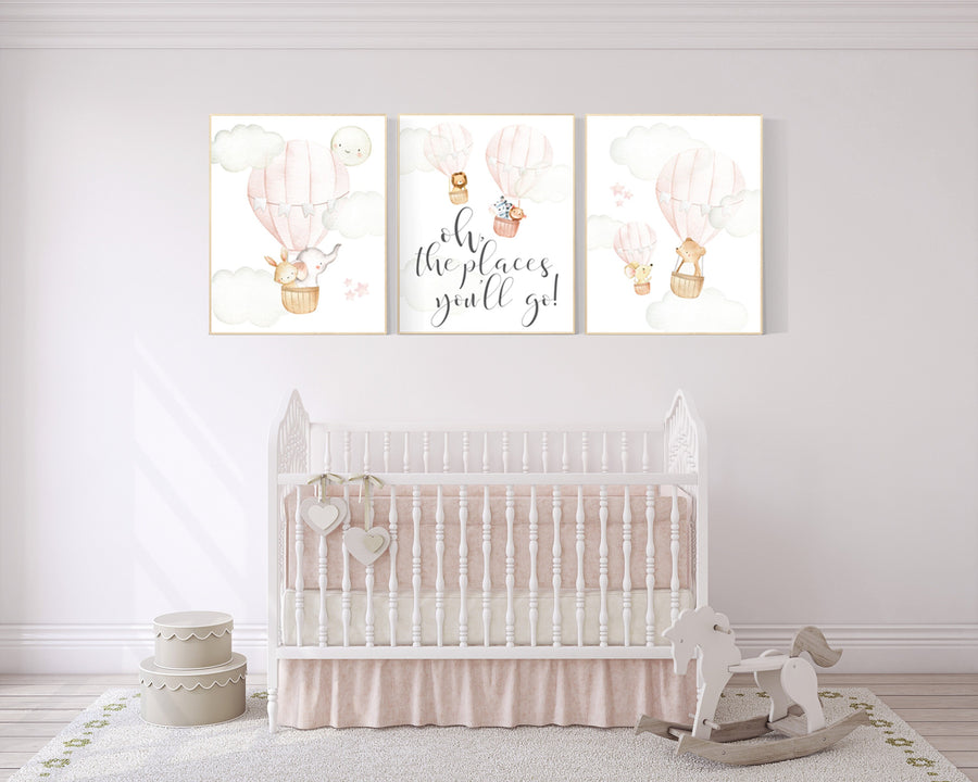 Nursery decor girl blush pink, nursery wall art hot air balloon, animal prints, nursery wall decor woodland animals, girl nursery ideas