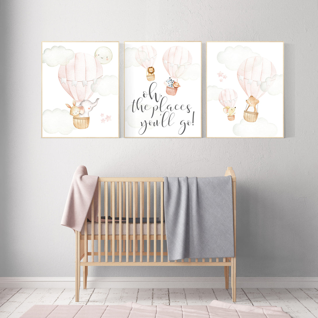 Nursery decor girl blush pink, nursery wall art hot air balloon, animal prints, nursery wall decor woodland animals, girl nursery ideas