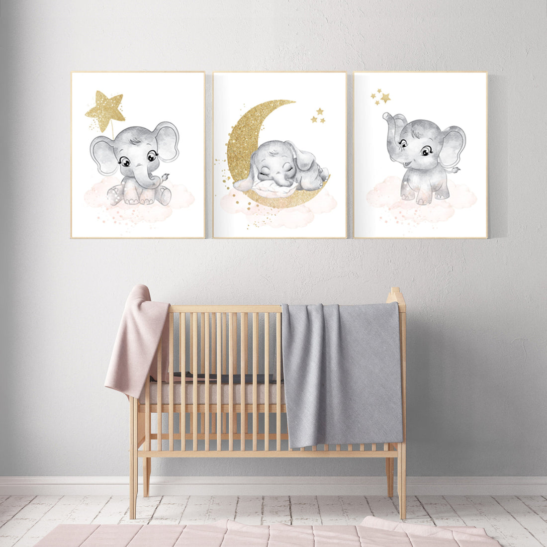 Nursery wall art girl elephant, Nursery decor girl blush pink, blush gold, girl nursery ideas, elephant prints, girl room wall decor ideas