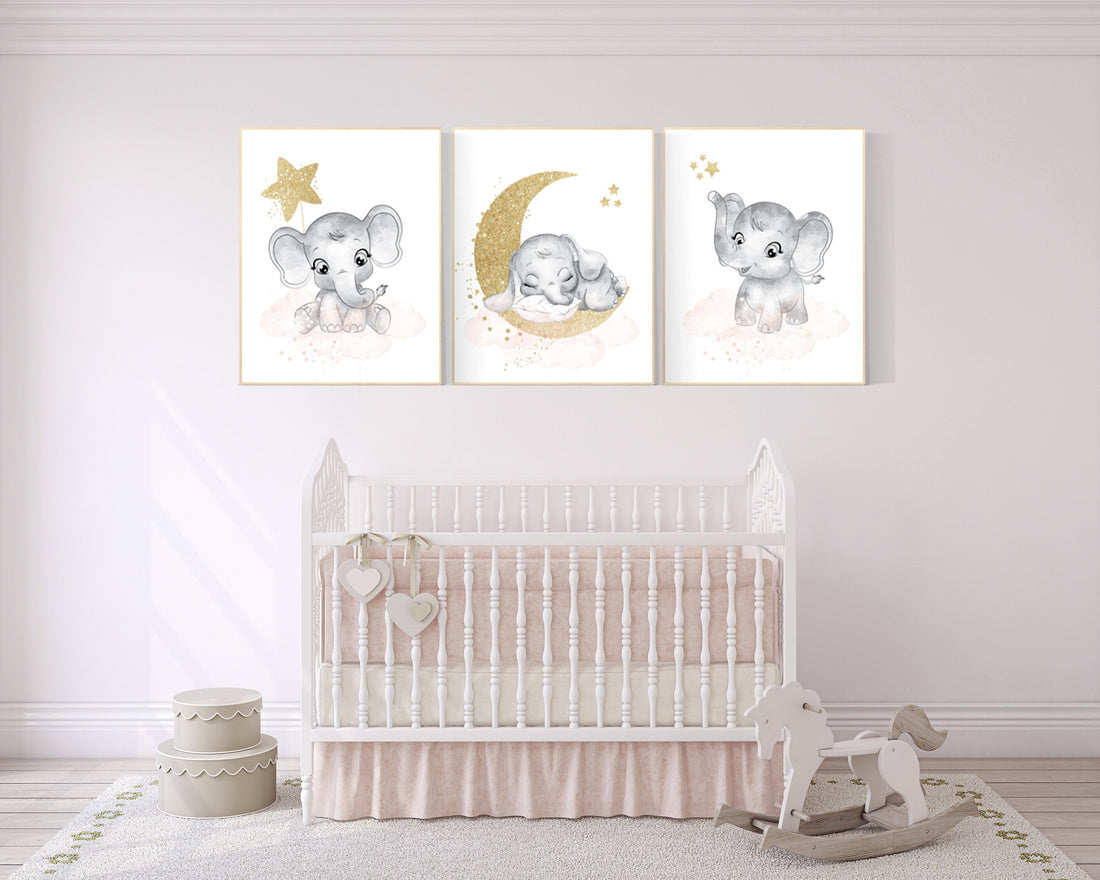 Nursery wall art girl elephant, Nursery decor girl blush pink, blush gold, girl nursery ideas, elephant prints, girl room wall decor ideas