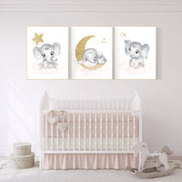 Nursery wall art girl elephant, Nursery decor girl blush pink, blush gold, girl nursery ideas, elephant prints, girl room wall decor ideas