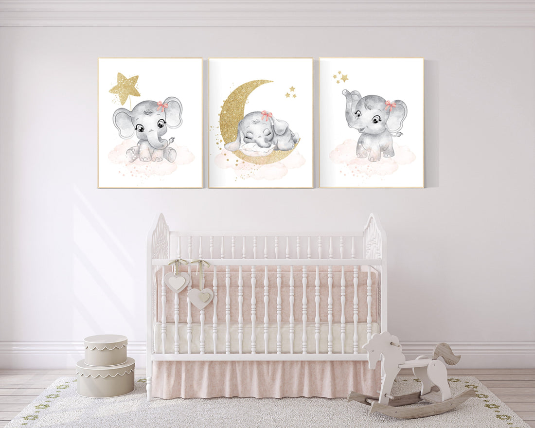 Nursery wall art girl elephant, Blush pink nursery decor, blush gold nursery, nursery decor elephant, blush nursery, girl nursery wall decor