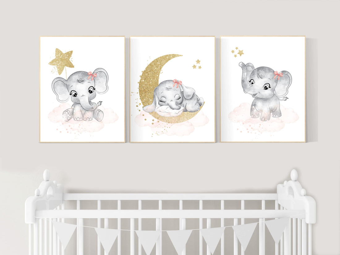 Nursery wall art girl elephant, Blush pink nursery decor, blush gold nursery, nursery decor elephant, blush nursery, girl nursery wall decor