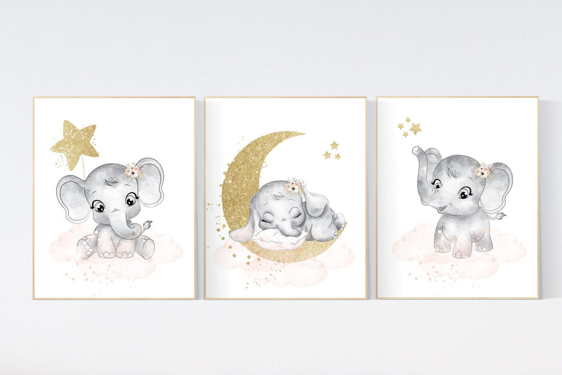 Nursery wall art girl elephant, Blush pink, flower nursery decor, blush gold nursery, nursery decor elephant, blush nursery, floral nursery