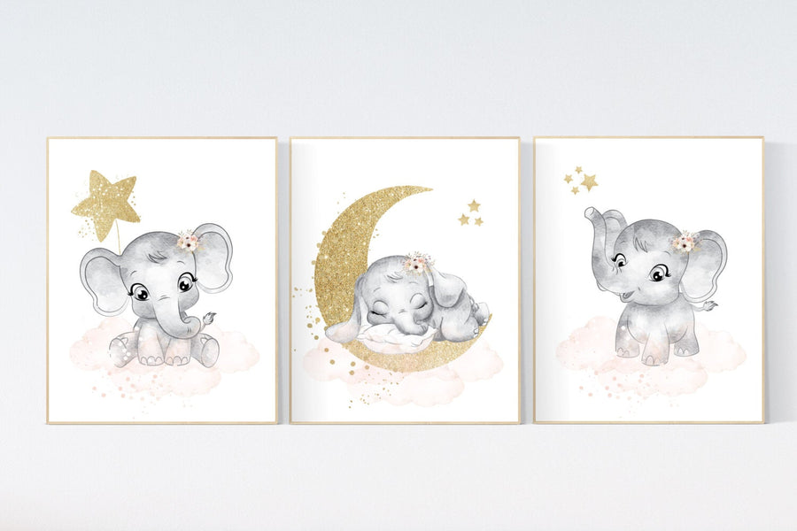 Nursery wall art girl elephant, Blush pink, flower nursery decor, blush gold nursery, nursery decor elephant, blush nursery, floral nursery