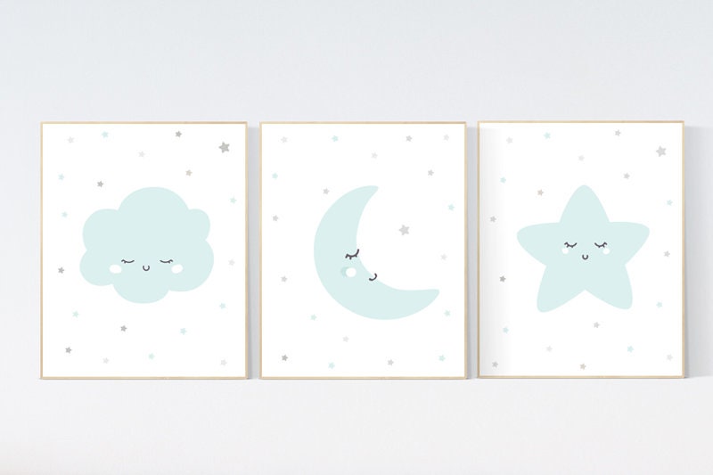 Gender neutral nursery decor, nursery wall art stars, gender neutral nursery, moon and stars nursery, teal, nursery, cloud nursery, stars