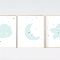 Gender neutral nursery decor, nursery wall art stars, gender neutral nursery, moon and stars nursery, teal, nursery, cloud nursery, stars