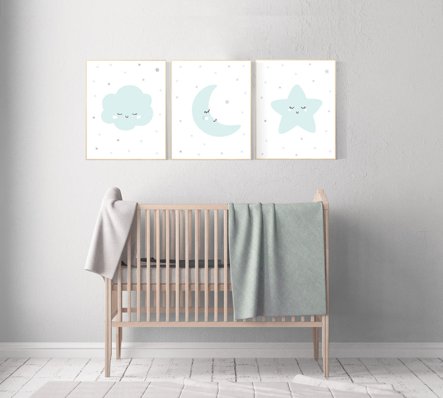 Gender neutral nursery decor, nursery wall art stars, gender neutral nursery, moon and stars nursery, teal, nursery, cloud nursery, stars