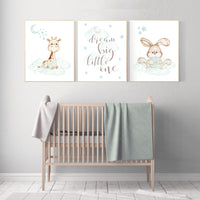 Nursery wall art animals, mint nursery decor, baby room wall decor, woodland animals, jungle animals, bunny, giraffe, nursery prints