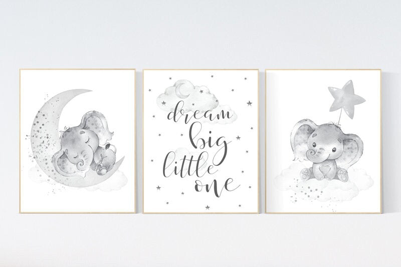 Grey nursery wall art, elephant nursery wall art, gender neutral, gray nursery art, nursery wall decor, moon, stars, neutral, twin nursery
