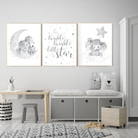 Grey nursery wall art, gender neutral, elephant nursery wall art, gray nursery art, nursery wall decor, moon, stars, neutral, twin nursery