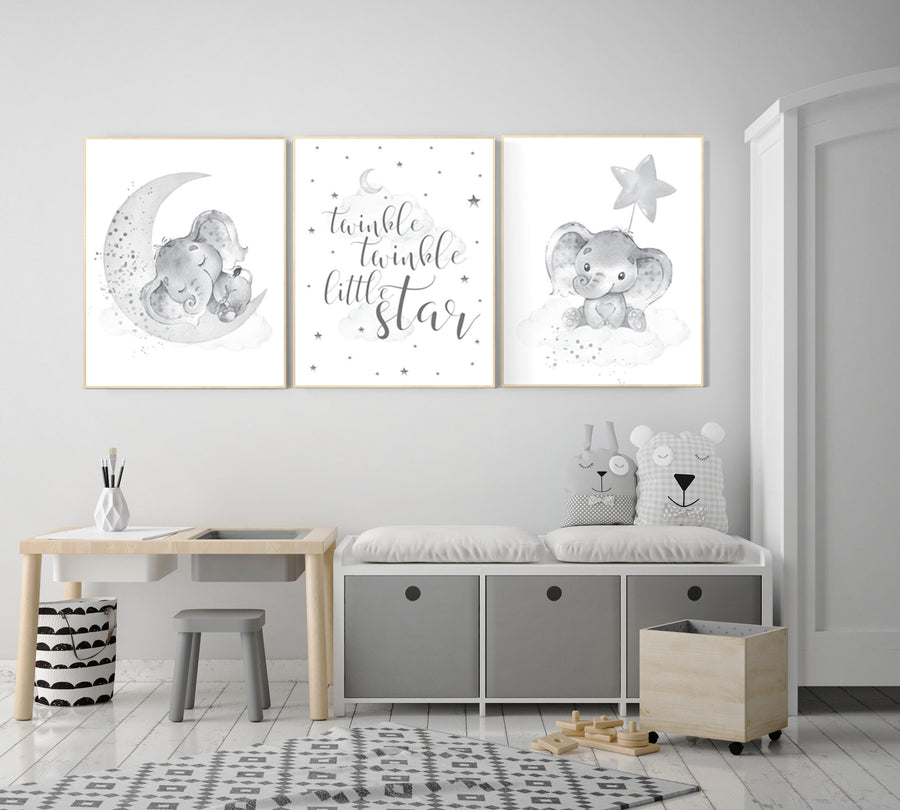 Grey nursery wall art, gender neutral, elephant nursery wall art, gray nursery art, nursery wall decor, moon, stars, neutral, twin nursery