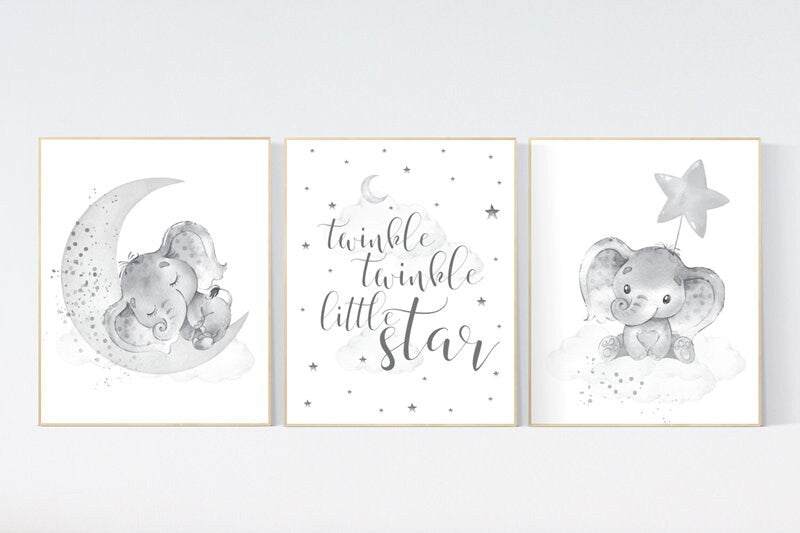 Grey nursery wall art, gender neutral, elephant nursery wall art, gray nursery art, nursery wall decor, moon, stars, neutral, twin nursery