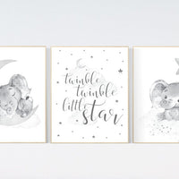 Grey nursery wall art, gender neutral, elephant nursery wall art, gray nursery art, nursery wall decor, moon, stars, neutral, twin nursery