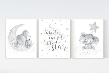 Grey nursery wall art, gender neutral, elephant nursery wall art, gray nursery art, nursery wall decor, moon, stars, neutral, twin nursery