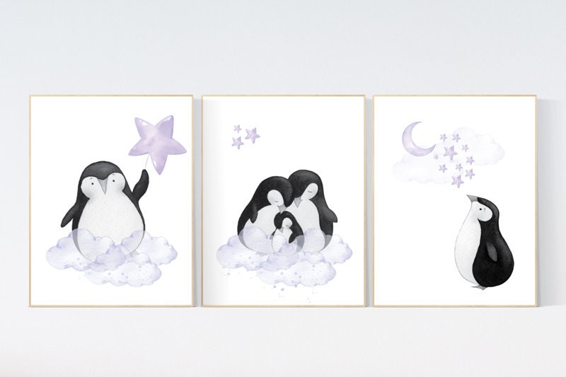 Penguin nursery, purple nursery art, baby room wall art, arctic themed nursery, arctic animals, lilac, lavender, nursery prints girl, art