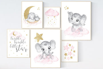 Elephant nursery decor girl, pink gold nursery, girl nursery ideas, room decor, girl nursery wall decor, girls room art, pink nursery prints