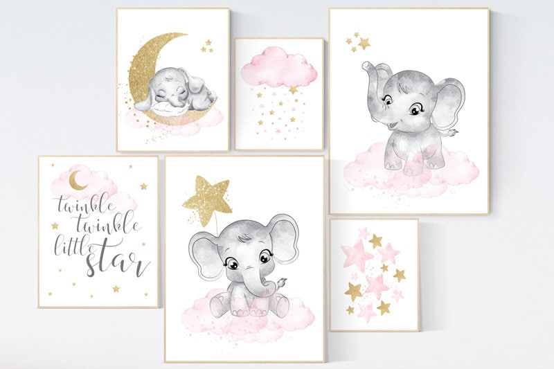 Elephant nursery decor girl, pink gold nursery, girl nursery ideas, room decor, girl nursery wall decor, girls room art, pink nursery prints