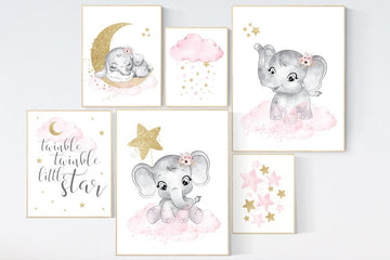 Nursery prints girl elephant, pink gold nursery, girl nursery ideas, room decor, girl nursery wall decor, girls room art, pink nursery art
