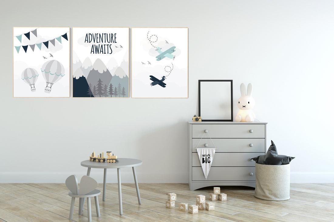 Adventure nursery decor, travel adventure nursery, nursery wall art boy, nursery prints boy mountain, airplane, world map, adventure awaits