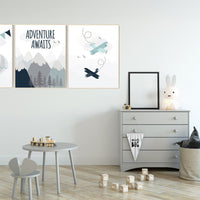 Adventure nursery decor, travel adventure nursery, nursery wall art boy, nursery prints boy mountain, airplane, world map, adventure awaits