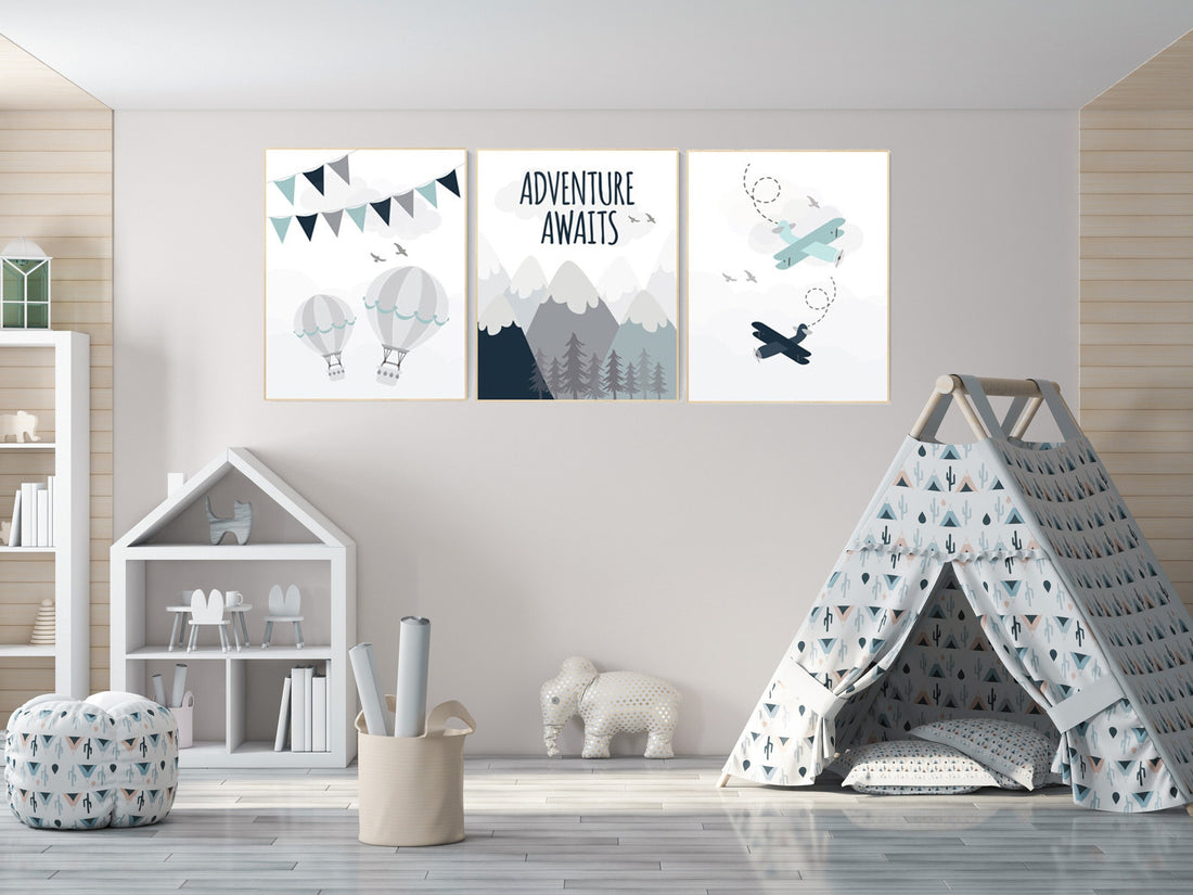Adventure nursery decor, travel adventure nursery, nursery wall art boy, nursery prints boy mountain, airplane, world map, adventure awaits