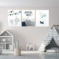 Adventure nursery decor, travel adventure nursery, nursery wall art boy, nursery prints boy mountain, airplane, world map, adventure awaits