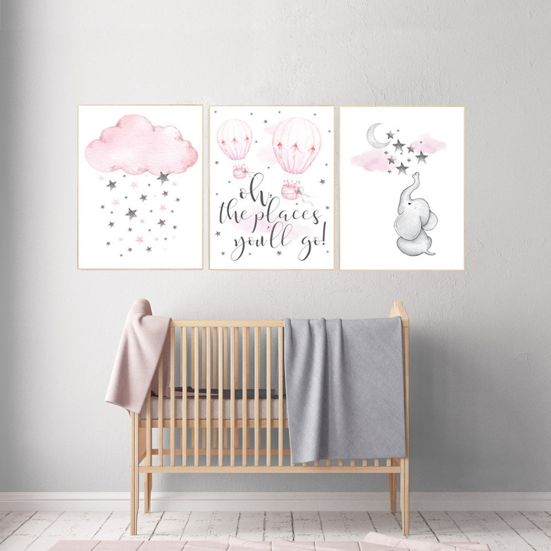 Nursery decor girl elephant, pink grey nursery, pink gray, hot air balloon, cloud, moon and stars, nursery wall art, girl nursery ideas