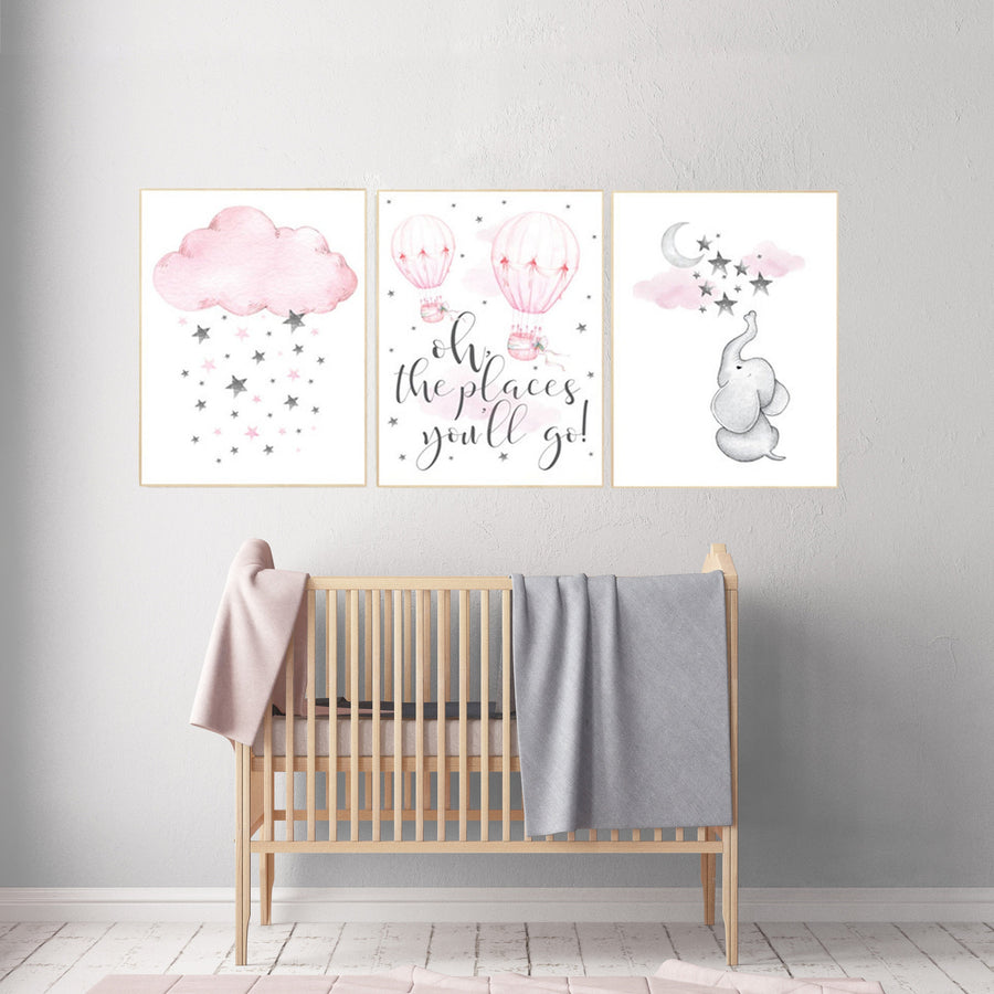 Nursery decor girl elephant, pink grey nursery, pink gray, hot air balloon, cloud, moon and stars, nursery wall art, girl nursery ideas