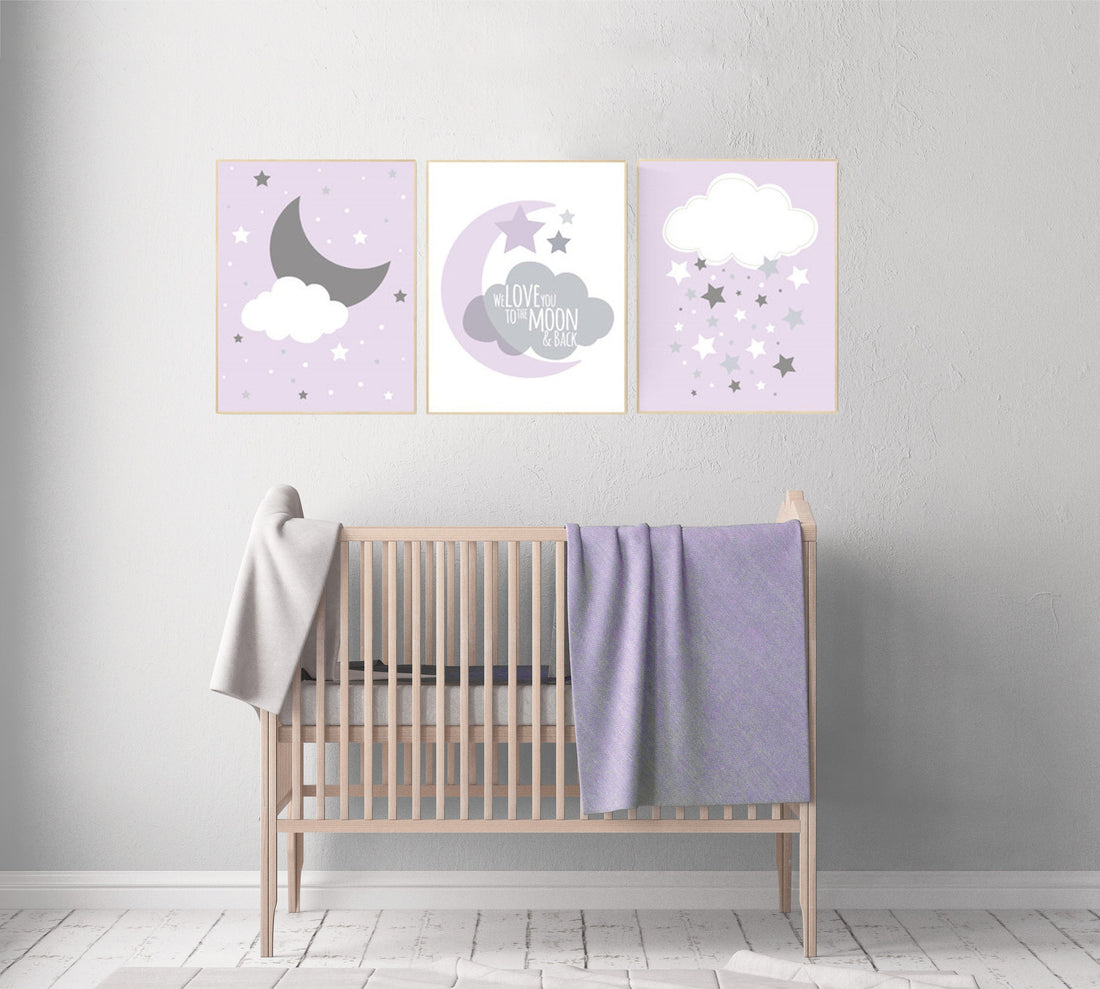 Nursery decor girl purple, girl nursery wall decor, lilac, lavender, nursery prints girl, nursery prints girl, moon nursery, purple nursery