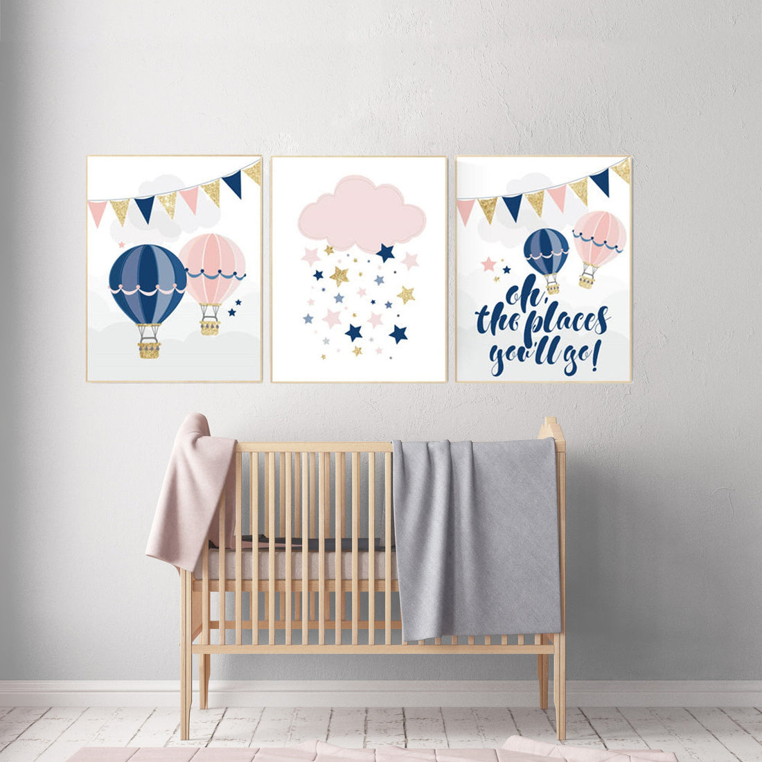 Navy pink gold nursery, hot air balloons, moon, cloud and stars, gender neutral, nursery decor girl, Navy coral gold nursery, girl nursery