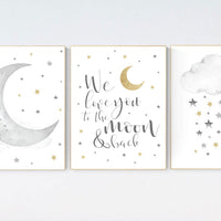 Nursery wall art grey, gray gold nursery, nursery decor neutral, baby room decor gender neutral, moon and stars, grey gold, baby room art