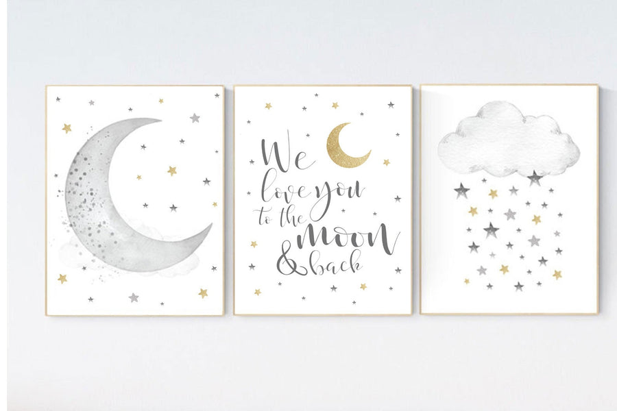 Nursery wall art grey, gray gold nursery, nursery decor neutral, baby room decor gender neutral, moon and stars, grey gold, baby room art