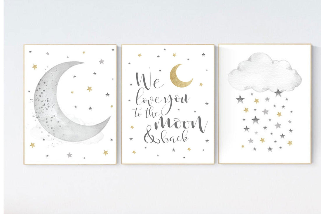 Nursery wall art grey, gray gold nursery, nursery decor neutral, baby room decor gender neutral, moon and stars, grey gold, baby room art