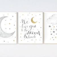 Nursery wall art grey, gray gold nursery, nursery decor neutral, baby room decor gender neutral, moon and stars, grey gold, baby room art