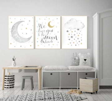 Nursery wall art grey, gray gold nursery, nursery decor neutral, baby room decor gender neutral, moon and stars, grey gold, baby room art