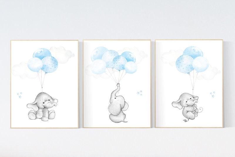 Blue nursery decor, elephant nursery wall art, nursery decor boy elephant, animal prints, baby room, baby blue nursery, elephant balloon