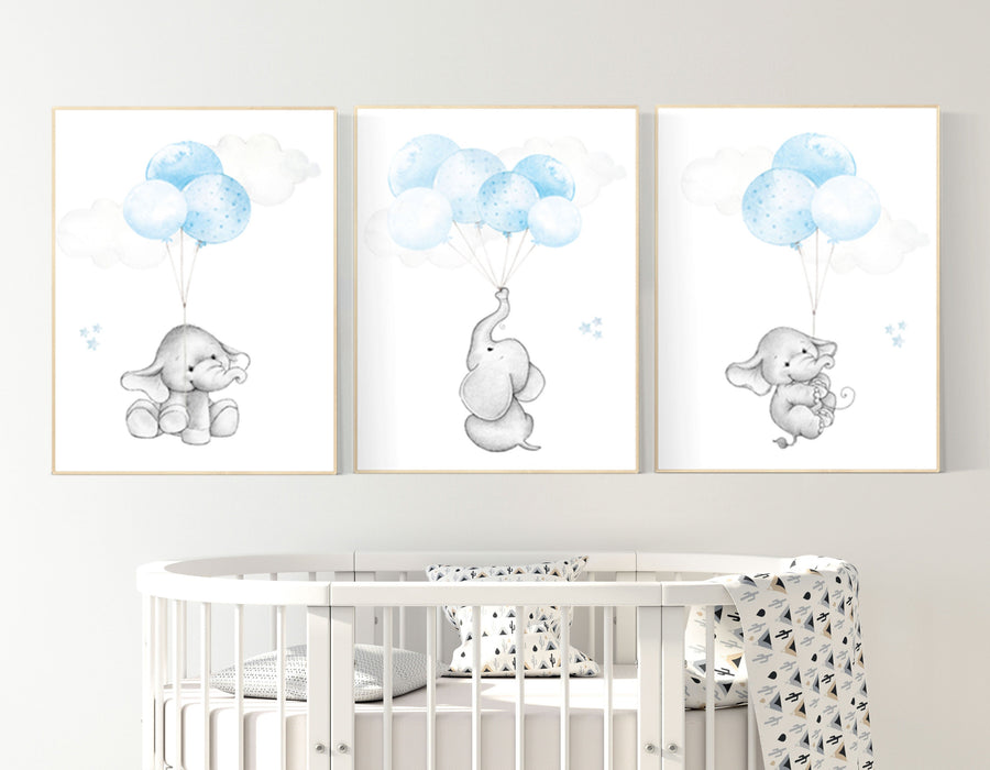 Blue nursery decor, elephant nursery wall art, nursery decor boy elephant, animal prints, baby room, baby blue nursery, elephant balloon