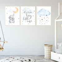 Elephant nursery, gender neutral nursery wall art, yellow, blue, dream big little one, moon, cloud, stars, gender neutral nursery ideas