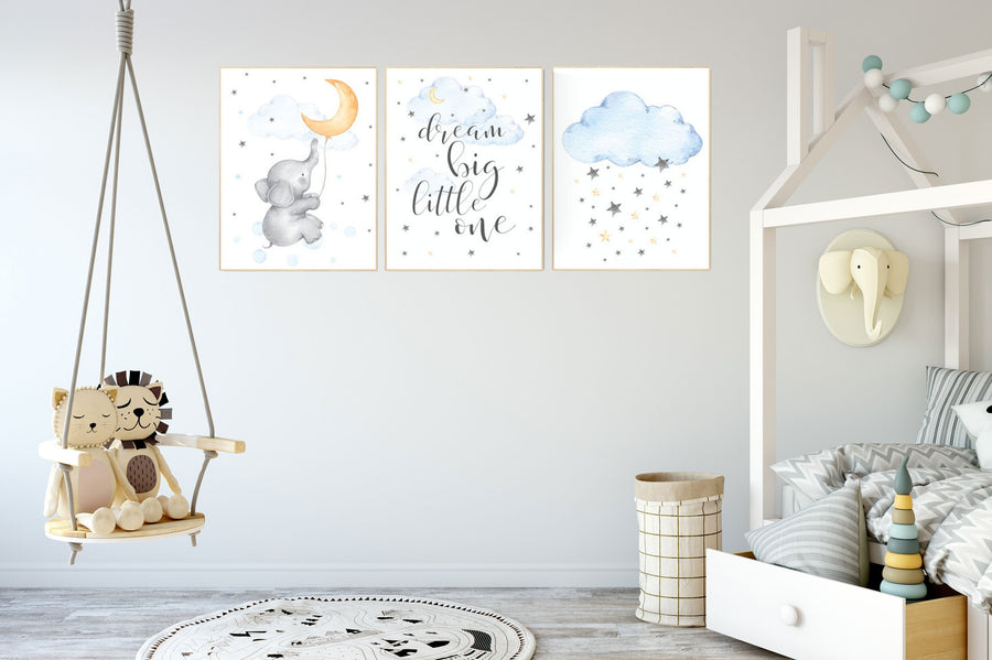 Elephant nursery, gender neutral nursery wall art, yellow, blue, dream big little one, moon, cloud, stars, gender neutral nursery ideas