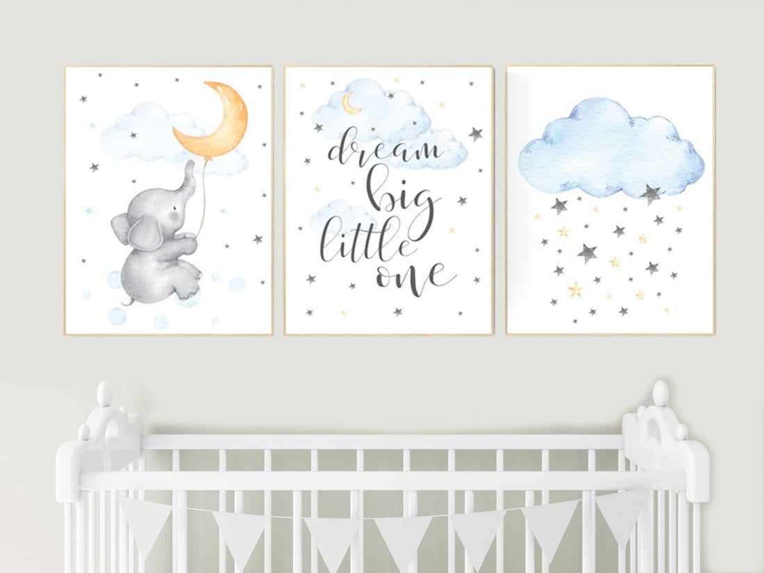 Elephant nursery, gender neutral nursery wall art, yellow, blue, dream big little one, moon, cloud, stars, gender neutral nursery ideas