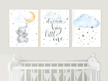 Elephant nursery, gender neutral nursery wall art, yellow, blue, dream big little one, moon, cloud, stars, gender neutral nursery ideas